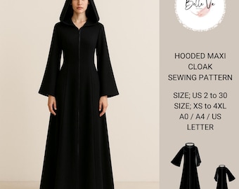 Vestido largo negro con capucha: Capa medieval gótica estilo abaya (patrón PDF, tallas XS-4XL)