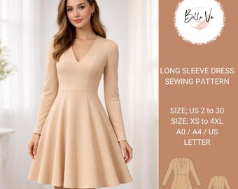 Fit and Flare Dress Sewing Pattern | Long Sleeve V-Neck A-Line (PDF Download)