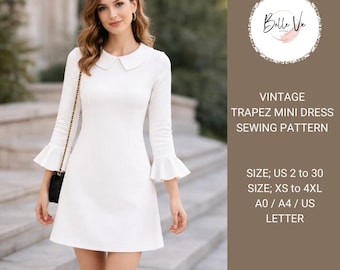 Vintage Trapeze Mini Dress Sewing Pattern | Peter Pan Collar, Ruffle Sleeve (PDF Download)