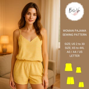May include: A woman wearing a yellow gingham pajama set. The set includes a camisole top with thin straps and shorts. The image also shows a sewing pattern with the text "WOMAN PAJAMA SEWING PATTERN" and size information.