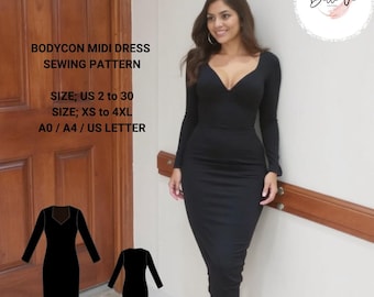 Bodycon Midi Dress Sewing Pattern: Stretch Pencil Dress(Digital Download)