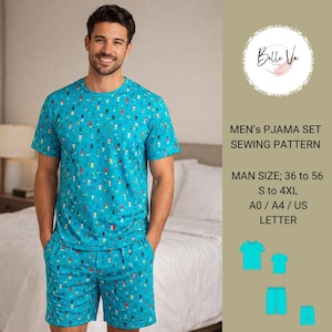 Puede incluir: Un conjunto de pijama turquesa con un patrón repetido de pequeñas figuras. El conjunto incluye una camiseta de manga corta y pantalones cortos a juego. La imagen también incluye el texto "MEN'S PJAMA SET SEWING PATTERN" y "MAN SIZE; 36 to 56 S to 4XL".