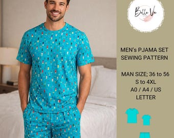 Men's Pajama Set Sewing Pattern, T-Shirt Shorts Sleepwear (PDF Download)