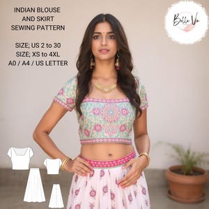 Puede incluir: Un patrón de costura para una blusa y una falda indias. El patrón incluye instrucciones para las tallas US 2 a 30 y XS a 4XL. El patrón está disponible en tallas A0, A4 y US Letter. La imagen muestra a una mujer usando una blusa y una falda terminadas.