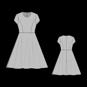 Puede incluir: Ilustraci&oacute;n de un vestido gris claro con corpi&ntilde;o ajustado, mangas cortas y falda acampanada. El dise&ntilde;o incluye detalle de cintura y cuello redondo. Tambi&eacute;n se muestra una segunda ilustraci&oacute;n de vestido m&aacute;s peque&ntilde;a.
