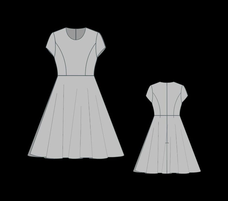 Puede incluir: Ilustraci&oacute;n de un vestido gris claro con corpi&ntilde;o ajustado, mangas cortas y falda acampanada. El dise&ntilde;o incluye detalle de cintura y cuello redondo. Tambi&eacute;n se muestra una segunda ilustraci&oacute;n de vestido m&aacute;s peque&ntilde;a.