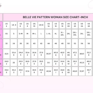 Puede incluir: Una tabla de tallas de ropa de mujer, titulada "Belle Vie Pattern Woman Size Chart-Inch." Muestra medidas en cent&iacute;metros para busto, cintura y caderas, junto con tallas de EE. UU., internacionales y europeas.