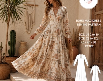Boho Maxi Dress Sewing Pattern, Long Sleeve V-Neck A-Line (Digital PDF)