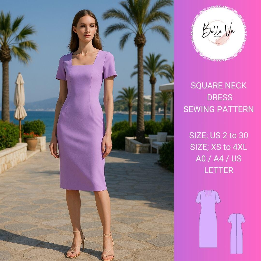 Square Neck Dress Sewing Pattern, Knee Length (A0, A4-US Letter) - Etsy