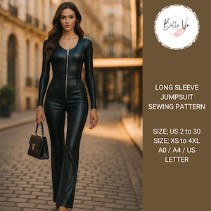 Patrón de costura para mono de manga larga: con cremallera frontal, tallas XS-4XL (A4, A0, Carta EE. UU.)