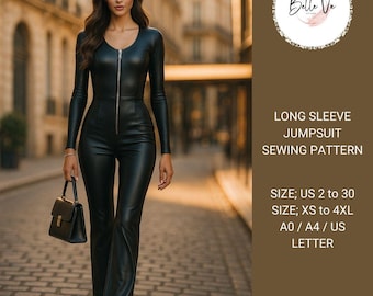 Long Sleeve Jumpsuit Sewing Pattern: Zippered Front, XS-4XL(A4, A0, US Letter)