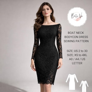 Patron de robe fourreau en dentelle, robe de soirée moulante à col bateau (téléchargement PDF)