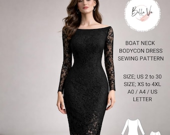 Lace Sheath Dress Sewing Pattern, Boat Neck Bodycon Evening Dress (PDF Download)