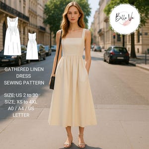 Peut inclure: Une femme porte une robe en lin crème froncé, avec un col carré et de larges bretelles. La robe a des poches et arrive à mi-mollet. L'image comprend un schéma de patron de couture et le texte "GATHERED LINEN DRESS SEWING PATTERN".