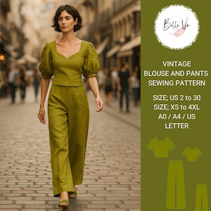 May include: A woman wearing a lime green blouse with puffed sleeves and matching wide-leg pants. The outfit is a vintage style, and the image includes a sewing pattern graphic with text that reads "VINTAGE BLOUSE AND PANTS SEWING PATTERN".