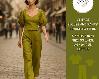 Vintage Linen Two Piece Sewing Pattern, Puff Sleeve Blouse, Wide Leg Pants(PDF Pattern)