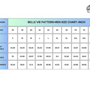 May include: A size chart for men's clothing in inches. The chart shows the size name, bust/chest circumference, waist circumference, and hips circumference for sizes S-M-L through 4XL.
