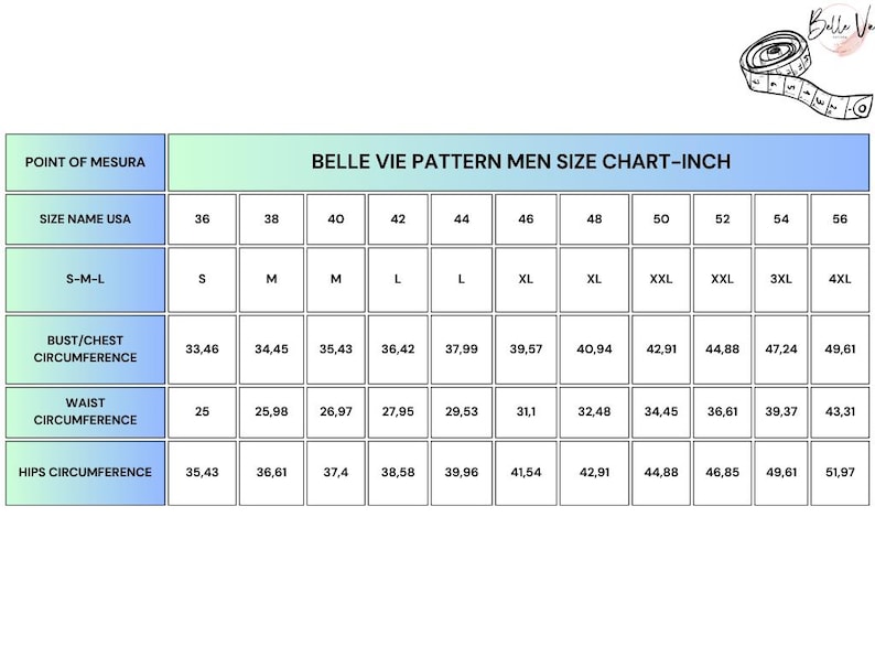 May include: A size chart for men's clothing in inches. The chart shows the size name, bust/chest circumference, waist circumference, and hips circumference for sizes S-M-L through 4XL.