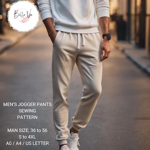以下が含まれることがあります： 男性用ジョガーパンツの縫製パターン。パターンにはサイズ36から56が含まれており、これはサイズSから4XLに対応します。パターンはA0、A4、USレターサイズでご利用いただけます。