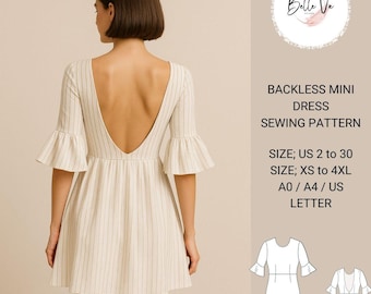 Backless Mini Dress Sewing Pattern: Romantic Evening Gown(A0, A4-US Letter)