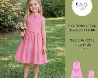 Girls Tiered Dress Sewing Pattern, Peter Pan Collar, Sizes 2-16 Years(PDF Pattern)