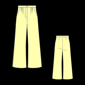 May include: Illustration of two pairs of pale yellow wide-leg pants. The full-length pair shows details of the waistband, button, and pockets. The second pair is a smaller, cropped version of the same design.