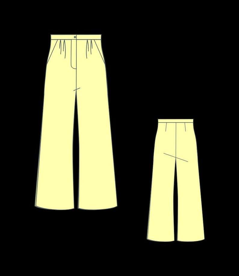 May include: Illustration of two pairs of pale yellow wide-leg pants. The full-length pair shows details of the waistband, button, and pockets. The second pair is a smaller, cropped version of the same design.
