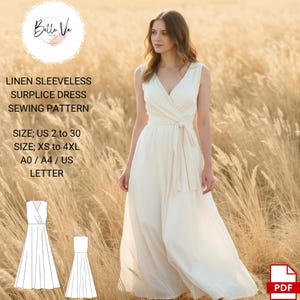 Puede incluir: Un patrón de costura para un vestido blanco de lino sin mangas, estilo surplice. El patrón incluye las tallas españolas 34 a 52 y XS a 4XL. El patrón está disponible en formato A0, A4 y A4 español. El patrón es para un vestido largo con escote en V y un lazo en la cintura.