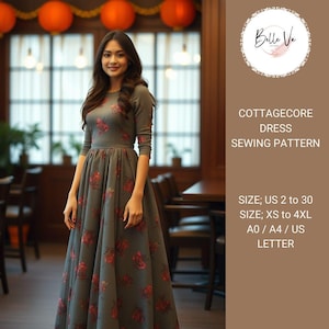 May include: A sewing pattern for a cottagecore dress. The pattern is available in sizes US 2 to 30 and XS to 4XL. The pattern is printed on A0, A4, or US letter paper.