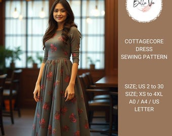 Cottagecore Full Dress Sewing Pattern: Elbow Sleeve, US 2-30(PDF)