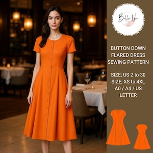 Puede incluir: Un vestido naranja abotonado con vuelo y mangas cortas. El vestido presenta un corpiño entallado y una falda con vuelo. La imagen también incluye un patrón de costura con el texto "BUTTON DOWN FLARED DRESS SEWING PATTERN" e información de tallas.