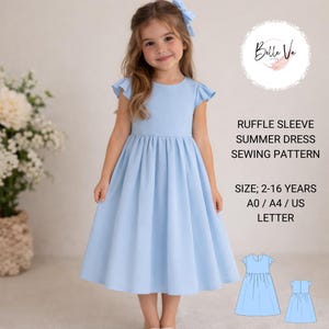 Girls Ruffle Sleeve Summer Dress Sewing Pattern | Gathered Skirt PDF (2-16 Years)