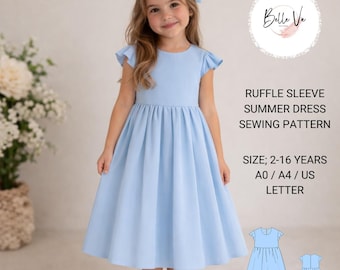 Girls Ruffle Sleeve Summer Dress Sewing Pattern | Gathered Skirt PDF (2-16 Years)