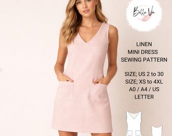 V-Neck Linen Summer Dress Sewing Pattern, XS-4XL (PDF Pattern)