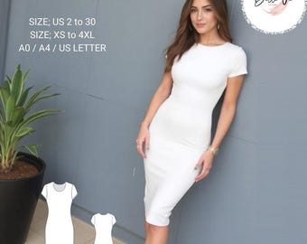 Bodycon Dress Sewing Pattern: Stretch Pencil Dress(A0, A4-US Letter)
