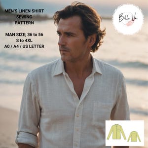 May include: A sewing pattern for a linen shirt. The pattern includes instructions for sizes 36 to 56, which corresponds to sizes S to 4XL. The pattern is available in A0, A4, and US Letter sizes. The image shows a man wearing a white linen shirt, standing on a beach.