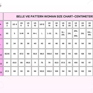 May include: A size chart for women's clothing patterns, with measurements in centimeters. The chart includes US sizes from 2 to 30, international sizes from XS to 4XL+, and European sizes from 32 to 60. It also lists bust, waist, and hip circumferences.