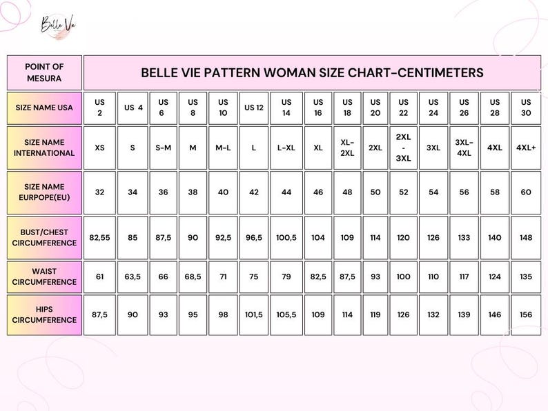 May include: A size chart for women's clothing patterns, with measurements in centimeters. The chart includes US sizes from 2 to 30, international sizes from XS to 4XL+, and European sizes from 32 to 60. It also lists bust, waist, and hip circumferences.