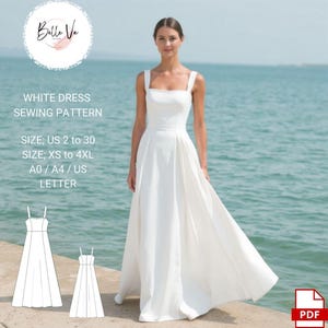 Patrón de costura para vestido largo blanco, elegante, de novia, estilo cottagecore, tallas A0, A4 (carta estadounidense), tallas 2 a 30, tallas XS a 4XL.