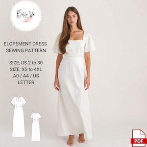 Patrón de costura para vestido de fuga, vestido elegante, vestido de novia, vestido cottagecore, vestido largo, tallas A0, A4-US, 2 a 30, XS-4XL