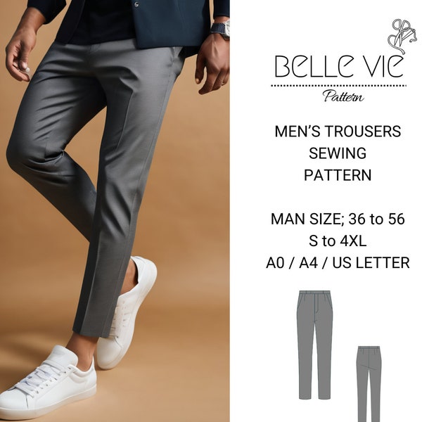 Men Slim Pants Sewing Pattern, Pants Trousers PDF Sewing, Slim Fit Pants For Men, Tapered Leg Men Jeans Pattern, Men Size: 35 to 56 XS-4XL