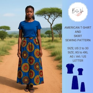 May include: A woman wearing a blue t-shirt and a long, patterned skirt. The skirt features a vibrant design with red, yellow, and green circular patterns on a blue background. The image also includes text that reads "AMERICAN T-SHIRT AND SKIRT SEWING PATTERN".