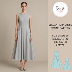 Patrón de costura para vestido elegante midi, vestido circular, vestido de gala, vestido cottagecore, vestido vintage, tallas A0, A4-US, talla 2 a 30, tallas XS-4XL.