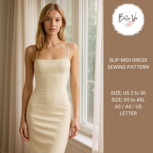 Modelo de vestido midi lencero, modelo de vestido elegante, modelo de camisón, vestido ajustado, vestido de tirantes de verano, tallas A0-A4, tamaño carta estadounidense.
