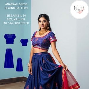 May include: Anarkali dress sewing pattern with size options US 2 to 30 and XS to 4XL. The image shows a woman wearing a blue and red Anarkali dress. The dress has a floral pattern and a square neckline. The pattern includes diagrams of the dress components.