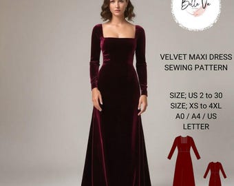 Velvet Maxi Dress Sewing Pattern: Square Neck Ball Gown(PDF)