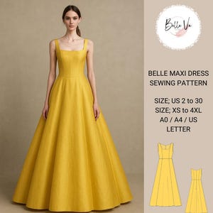 May include: A sewing pattern for a maxi dress in yellow. The pattern includes sizes UK 4 to 28 and XS to 4XL. The pattern is available in A0, A4, and UK Letter sizes.