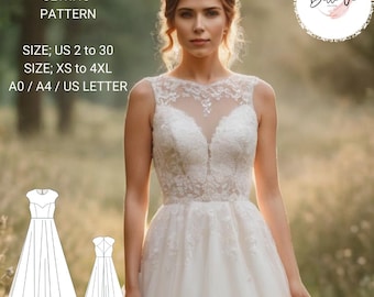 Illusion Neck Bridal Gown Sewing Pattern: Open Back Maxi Dress (A0-A4-US Letter)