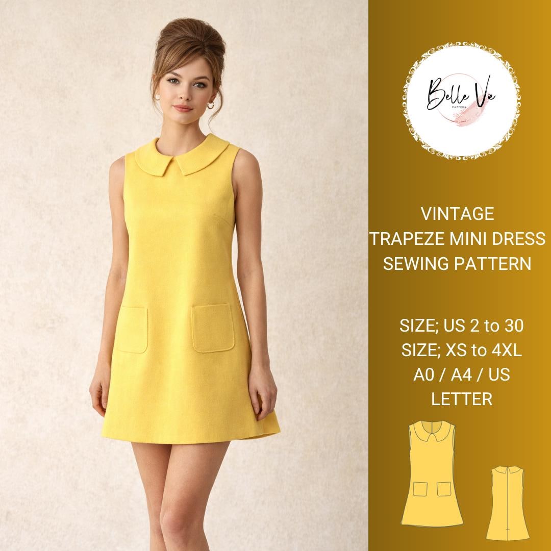Vintage Trapeze Mini Dress Sewing Pattern, 60s A-line Peter Pan