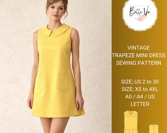 Patrón de costura vintage para minivestido trapecio, estilo años 60, corte en A, cuello Peter Pan (descarga en PDF)